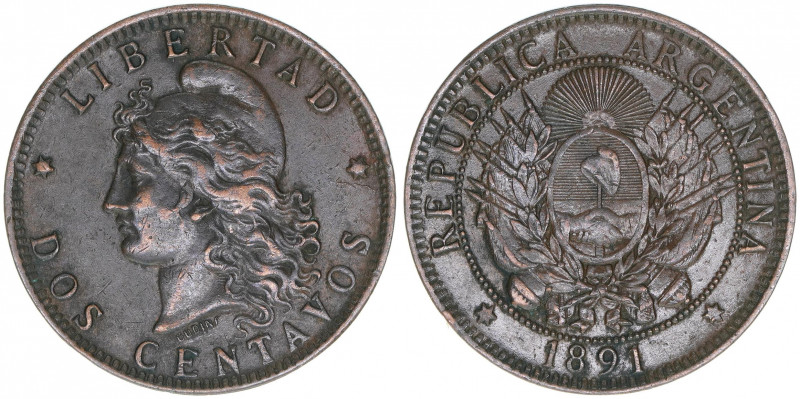 Republik
Argentinien. Dos Centavos, 1891. 9,87g
Kahnt/Schön 25
ss+