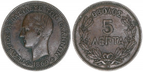 Georg I. 1863-1913
Griechenland. 5 Lepta, 1869. 5,10g
Khant/Schön 38
ss