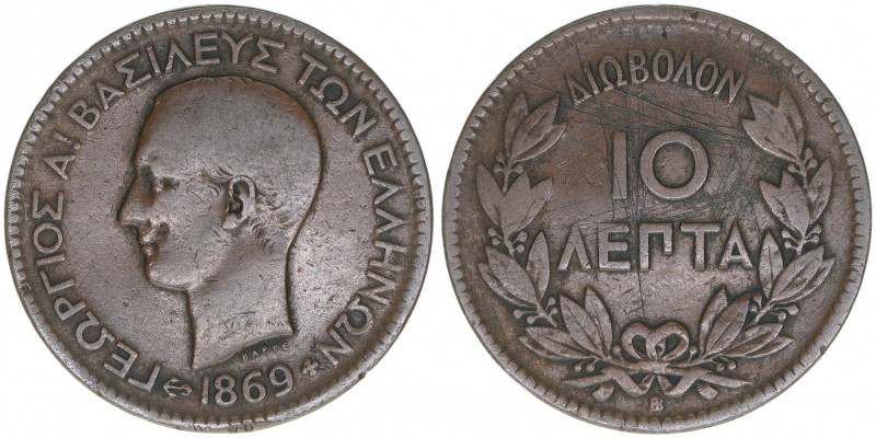 Georg I. 1863-1913
Griechenland. 10 Lepta, 1869. 9,38g
KM#43
ss-