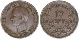Georg I. 1863-1913
Griechenland. 10 Lepta, 1869. 9,47g
KM#43
ss