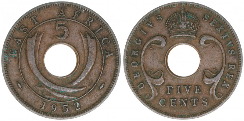 Georg VI.
Großbritannien - British East Africa. 5 Cents, 1952. 5,61g
Schön 33
vz...