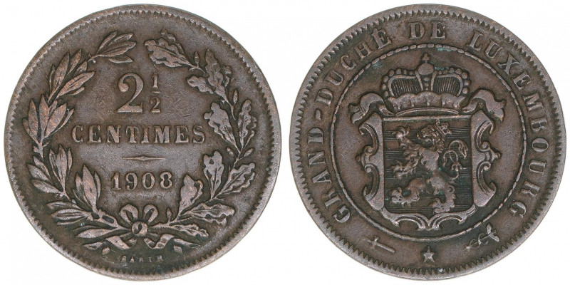 Wilhelm IV.
Luxemburg. 2 1/2 Centimes, 1908. 2,50g
Schön 1
ss/vz