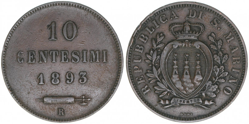 10 Centesimi, 1893 R
Republik San Marino. 9,91g. Schön 2
ss