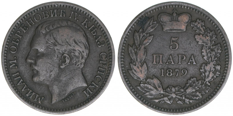 Michael IV. Obrenowitsch 1868-1882
Serbien Fürstentum. 5 Para, 1879. 5,04g
Kahnt...