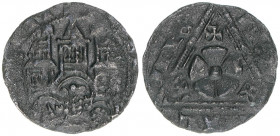 Simon I. 1275-1344
Altdeutschland - Lippe. Denar. Dreitürmisches Gebäude - Lippische Rose MON-ETAL-IPPE - 19,5mm breites Stück - schwarze Patina - sel...