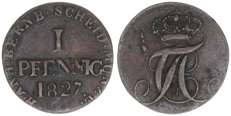 Alexius Friedrich Christian 1796-1834
Anhalt-Bernburg. CU-Pfennig, 1827. 1,50g
A...