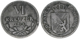Carl Friedrich als Großherzog 1806-1811
Baden. 6 Kreuzer, 1807. 2,42g
AKS 17
ss