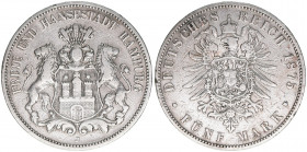 5 Mark, 1875 J
Freie Hansestadt Hamburg. 27,49g. AKS 44
ss