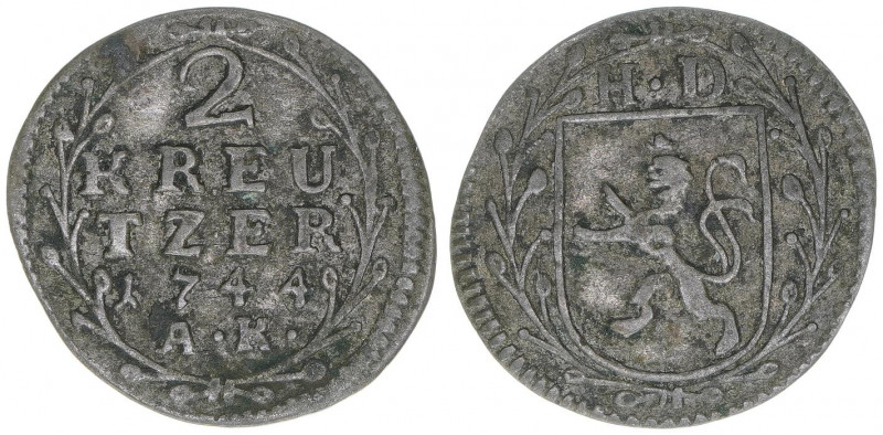 Ludwig VIII. 1739-1768
Hessen Darmstadt. 2 Kreuzer, 1744. 0,96g
Hoffmeister 3713...
