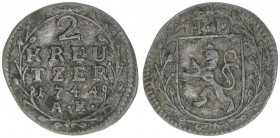 Ludwig VIII. 1739-1768
Hessen Darmstadt. 2 Kreuzer, 1744. 0,96g
Hoffmeister 3713
ss