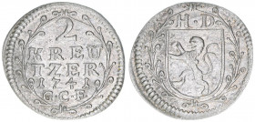 Ludwig VIII. 1739-1768
Hessen Darmstadt. 2 Kreuzer, 1741 GCF. 0,80g
Hoffmeister 3697
ss+