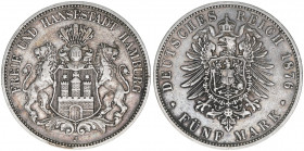 5 Mark, 1876 J
Freie und Hansestadt Hamburg. 27,66g. J 62
ss+