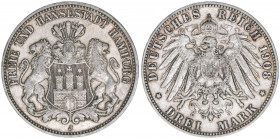 3 Mark, 1908 J
Freie und Hansestadt Hamburg. 16,61g. J 64
ss
