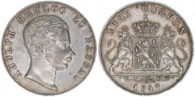 Adolph
Herzogtum Nassau. 2 Gulden, 1847. selten
21,24g
AKS 62
ss/vz