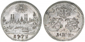 Kreuzer, 1773
Nürnberg Reichsstadt. Prachtexemplar mit der Stadtansicht von Nürnberg. 0,84g
Kellner 383
stfr