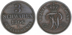 Nikolaus Friedrich Peter 1853-1900
Großherzogtum Oldenburg. 3 Schwaren, 1866 B. 3,83g
AKS 32
ss+