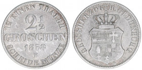Nikolaus Friedrich Peter 1853-1900
Großherzogtum Oldenburg. 2 1/2 Groschen, 1858 B. 2,76g
Schön 26
ss