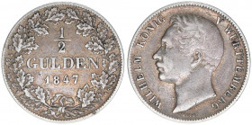 Wilhelm I. 1816-1864
Württemberg. 1/2 Gulden, 1847. 5,18g
AKS 86
ss
