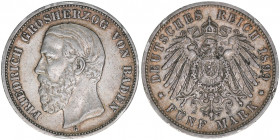 Friedrich Grossherzog von Baden
Baden. 5 Mark, 1899 G. 27,66g
J 29
Rf.
ss