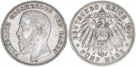 Friedrich Grossherzog von Baden
Baden. 5 Mark, 1900 G. 27,71g
J 29
Rf.
ss