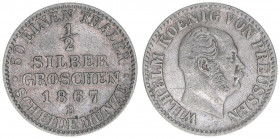 Wilhelm I. 1861-1888
Preussen. 1/2 Silbergroschen, 1867 B. 1,08g
AKS 104
ss-
