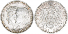 Wilhelm Ernst
Sachsen Weimar Eisenach. 3 Mark, 1910 A. auf die Vermählung mit Herzogin Feodora von Saxchsen-Meiningen
16,69g
J 162
vz