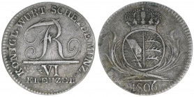 Friedrich I. 1806-1816
Württemberg. VI Kreuzer, 1806. selten - von Reichssturmfahne und Württemberg gespaltener Wappenschild
2,38g
AKS 49
ss+