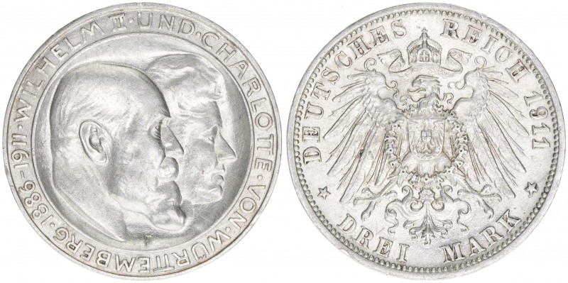 Wilhelm II. 1891-1918
Württemberg. 3 Mark, 1911 F. Gedenkmünze mit Charlotte zur...