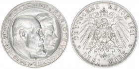 Wilhelm II. 1891-1918
Württemberg. 3 Mark, 1911 F. Gedenkmünze mit Charlotte zur silbernen Hochzeit
16,66g
AKS 146
vz