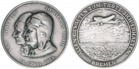 Deutsches Reich 1919-1945
Medaille, 1928. Ozeanflug der Bremen - Piloten Freiherr von Hünefeld und Hermann Köhl - Randschrift BAYER.HAUPTMÜNZAMT.SILBE...