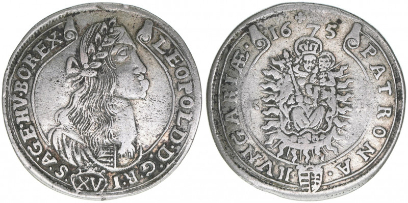 Leopold I. 1658-1705
15 Kreuzer, 1675 KB. Kremnitz
6,13g
Herinek 1041
Rf., Kratz...