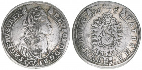 Leopold I. 1658-1705
15 Kreuzer, 1675 KB. Kremnitz
6,13g
Herinek 1041
Rf., Kratzer
s/ss