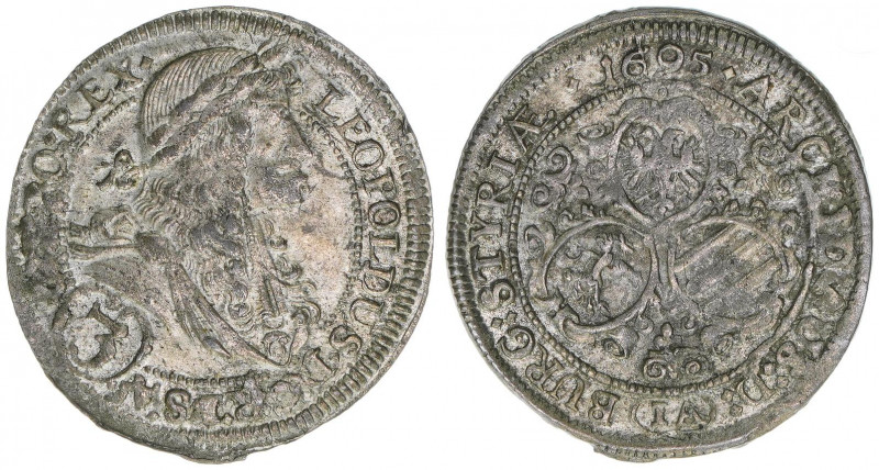 Leopold I. 1658-1705
Groschen, 1695 IA. Graz
1,36g
Herinek 1359
ss