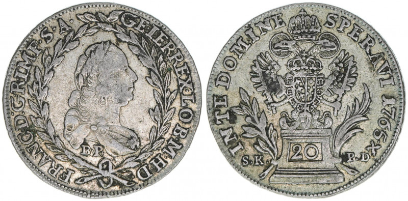 Franz I. Stephan 1745-1765
20 Kreuzer, 1765 BP/SK-PD. Kremnitz
6,64g
Herinek 342...