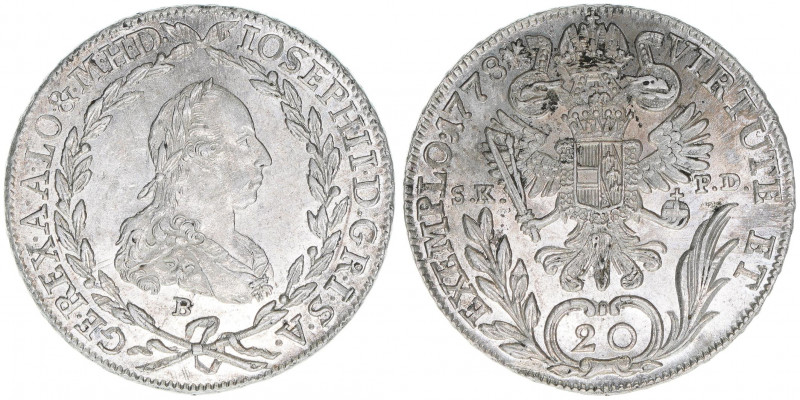 Joseph II. 1780-1790
20 Kreuzer, 1778 B/SK-PD. Kremnitz
6,71g
ANK 187
stfr