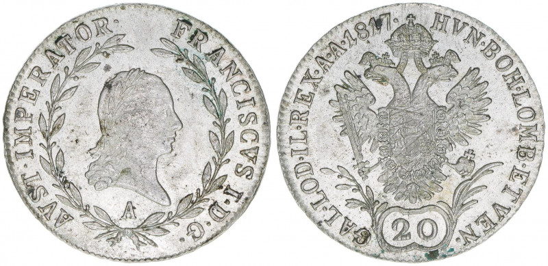 Franz (II.) I.1792-1835
20 Kreuzer, 1817 A. Wien
6,64g
ANK 44
vz