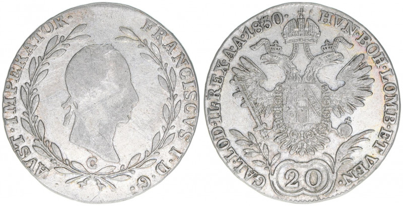 Franz (II.) I.1792-1835
20 Kreuzer, 1830 C. Prag
6,63g
ANK 46
ss