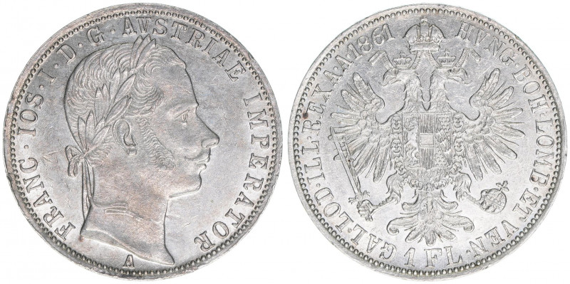 Franz Joseph I. 1848-1916
Gulden, 1861 A. Wien
12,39g
ANK 28
vz/stfr