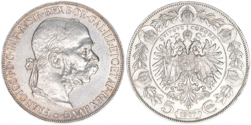 Franz Joseph I. 1848-1916
5 Kronen, 1907. Wien
24,11g
ANK 71
ss/vz