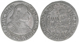 Carl II. von Liechtenstein 1664-1695
Olmütz. Groschen, 1670. Olmütz
1,33g
Suchomel/Videman 326
ss