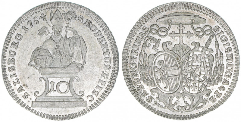 Sigismund III. Graf Schrattenbach 1753-1771
Erzbistum Salzburg. 10 Kreuzer, 1754...