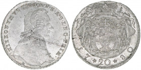 Hieronymus Graf Colloredo 1772-1803
Erzbistum Salzburg. 20 Kreuzer, 1780. Salzburg
6,65g
Zöttl 3270, Probszt 2478
vz