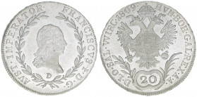 Franz (II.) I.1792-1835
Salzburg. 20 Kreuzer, 1809 D. Salzburg
6,74g
Zöttl 3443, Probszt 2634
stfr