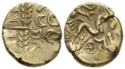 Celtic, Gallo-Belgic, Ambiani Stater circa 80-70, AV 17.80 mm., 6.11 g.
 Stylised human head. Rev. Stylised horse r. above crescent and below, wheel....