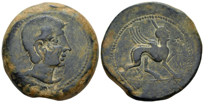 Hispania, Castulo Bronze Mid II century, Æ 33.90 mm., 
Diademed male headr. Rev...