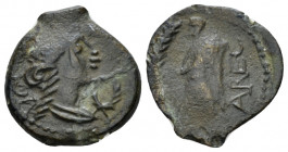 Gallia, Volcae-Arecomini Bronze I cent., Æ 15.00 mm., 1.90 g.
Diademed head of Artemis r.; in r. field, wreath. Rev. Standing figure l.; in l. field,...