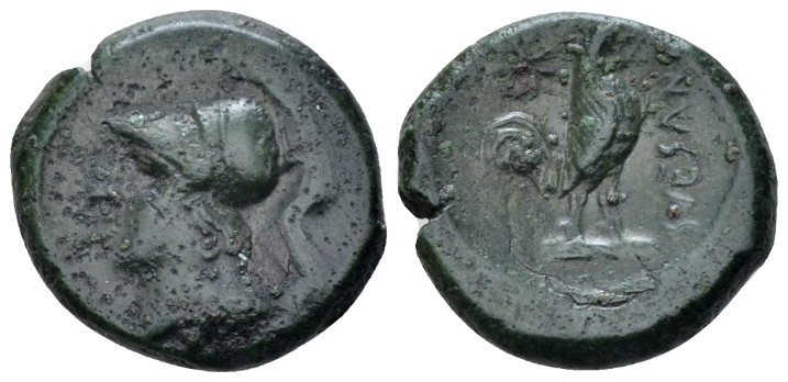 Campania , Suessa Bronze circa 265-240, Æ 20.00 mm., 5.00 g.
Helmeted head of M...