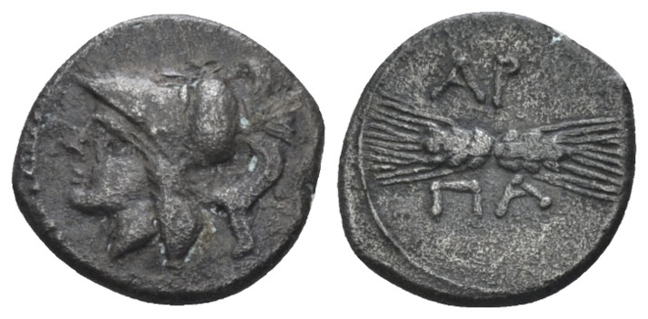 Apulia, Arpi Triobol circa 215-212, AR 12.60 mm., 1.09 g.
Helmeted head of Athe...