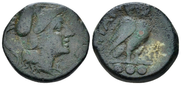 Apulia, Teate Teruncius circa 225-200, Æ 20.00 mm., 9.23 g.
Head of Athena r., ...
