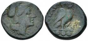 Apulia, Teate Teruncius circa 225-200, Æ 20.00 mm., 9.23 g.
Head of Athena r., wearing Corinthian helmet. Rev. Owl standing r. below three pellets. H...